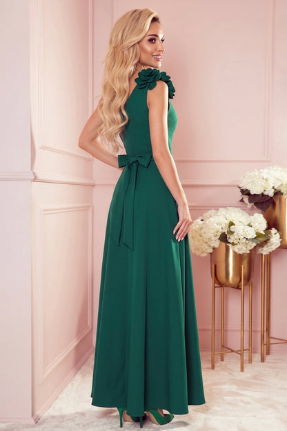 Robe Longue de Soirée Fendue à Fleurs – Vert - Rosemode