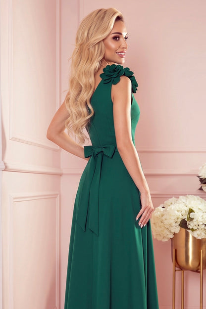 Robe Longue de Soirée Fendue à Fleurs – Vert - Rosemode