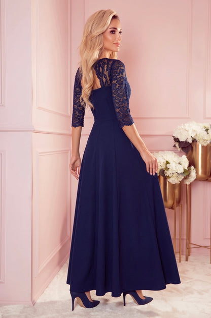 Robe Longue en Dentelle à Décolleté – Bleu Marine - Rosemode