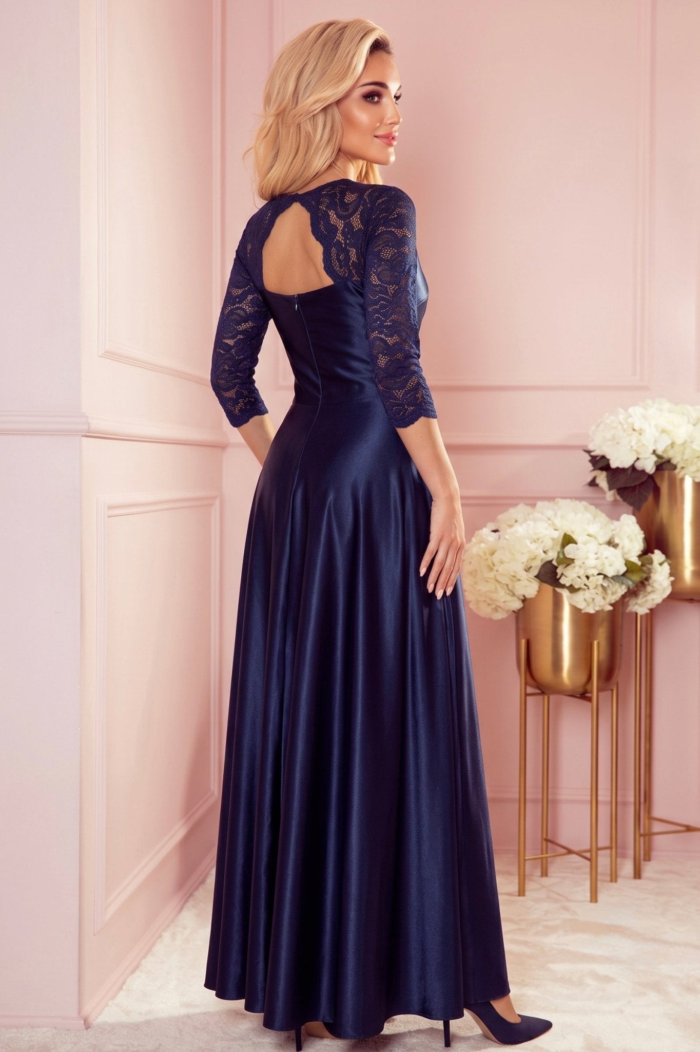 Robe Longue en Dentelle à Décolleté – Bleu Foncé - Rosemode
