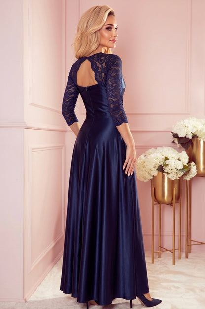 Robe Longue en Dentelle à Décolleté – Bleu Foncé - Rosemode