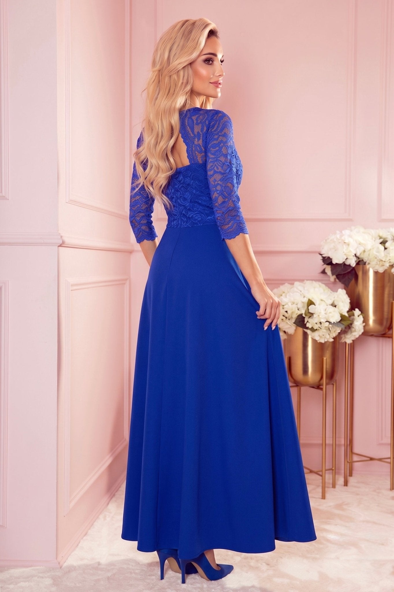 Robe Longue en Dentelle à Décolleté – Bleu Roi - Rosemode