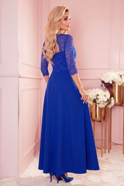 Robe Longue en Dentelle à Décolleté – Bleu Roi - Rosemode