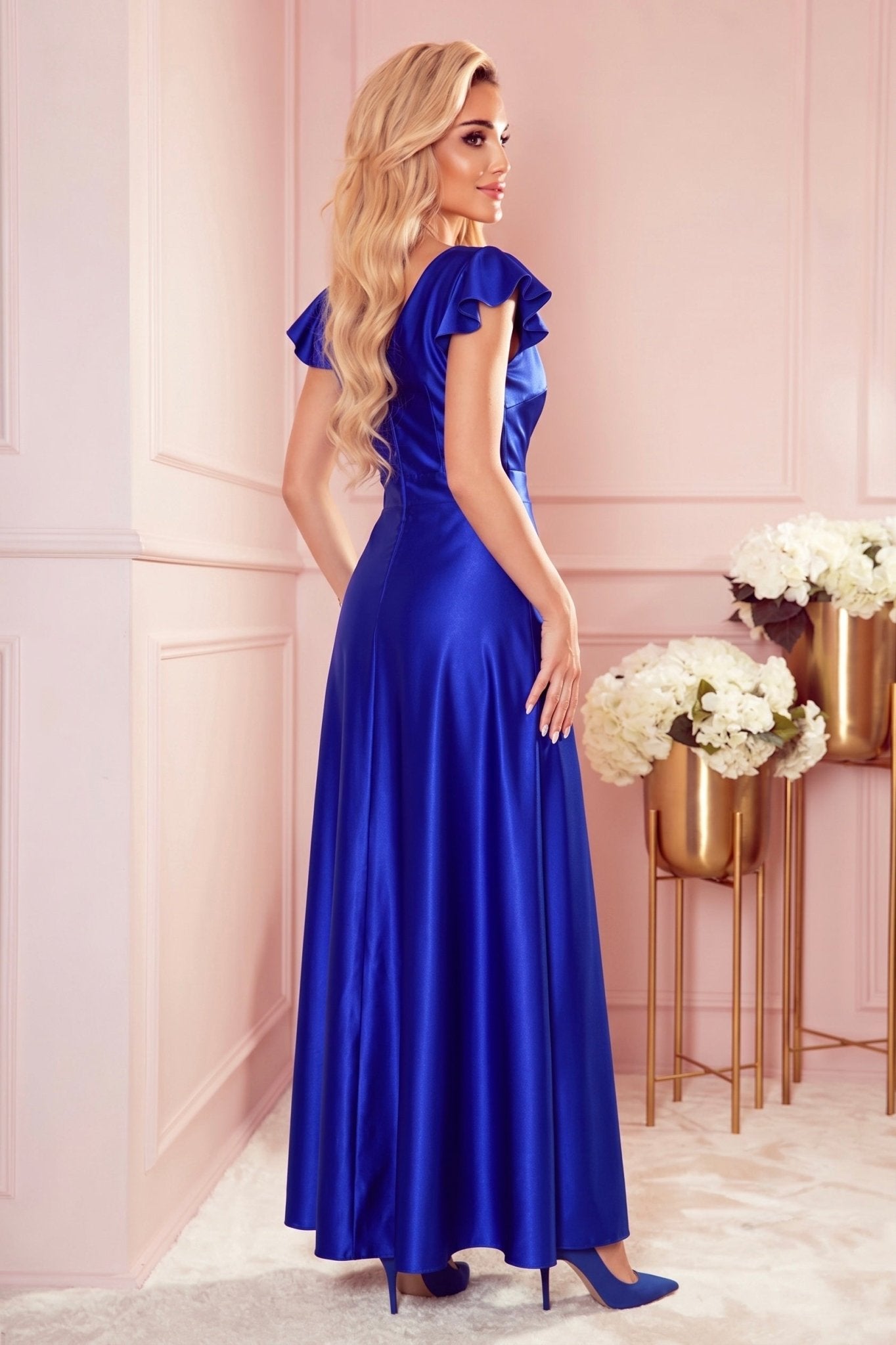 Robe Longue en Satin Avec Décolleté Enveloppant – Bleu Royal - Rosemode