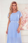 Robe Midi Plissée Avec Large Ceinture – Bleu Clair