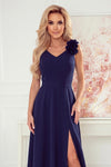 Robe Longue de Soirée Fendue à Fleurs – Bleu Marine