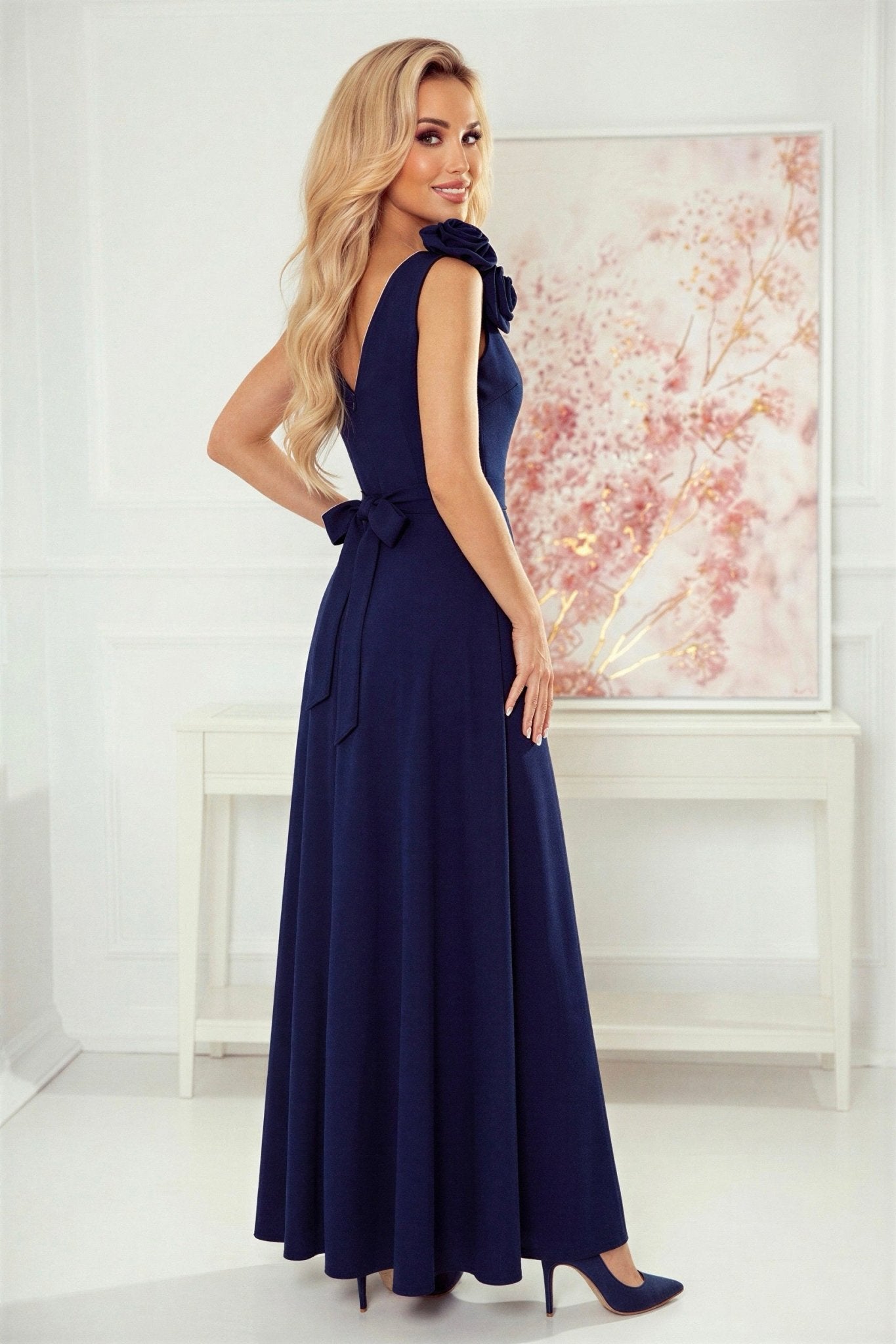 Robe Longue de Soirée Fendue à Fleurs – Bleu Marine - Rosemode