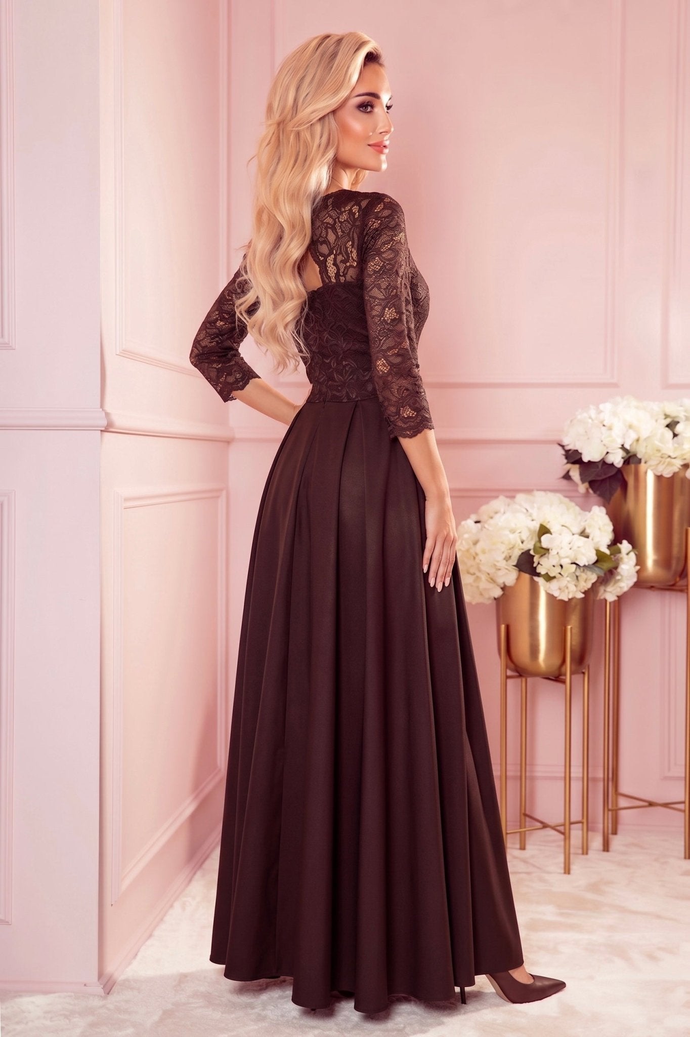 Robe Longue en Dentelle à Décolleté – Chocolat - Rosemode