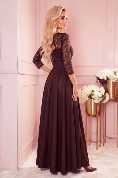 Robe Longue en Dentelle à Décolleté – Chocolat - Rosemode