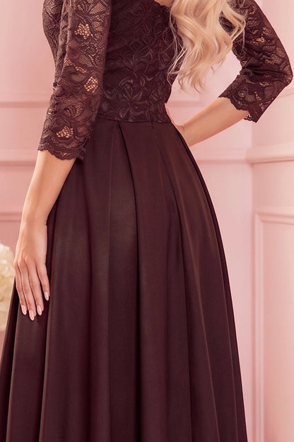 Robe Longue en Dentelle à Décolleté – Chocolat - Rosemode