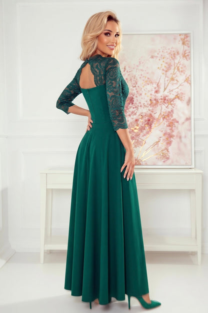 Robe Longue en Dentelle à Décolleté – Vert - Rosemode