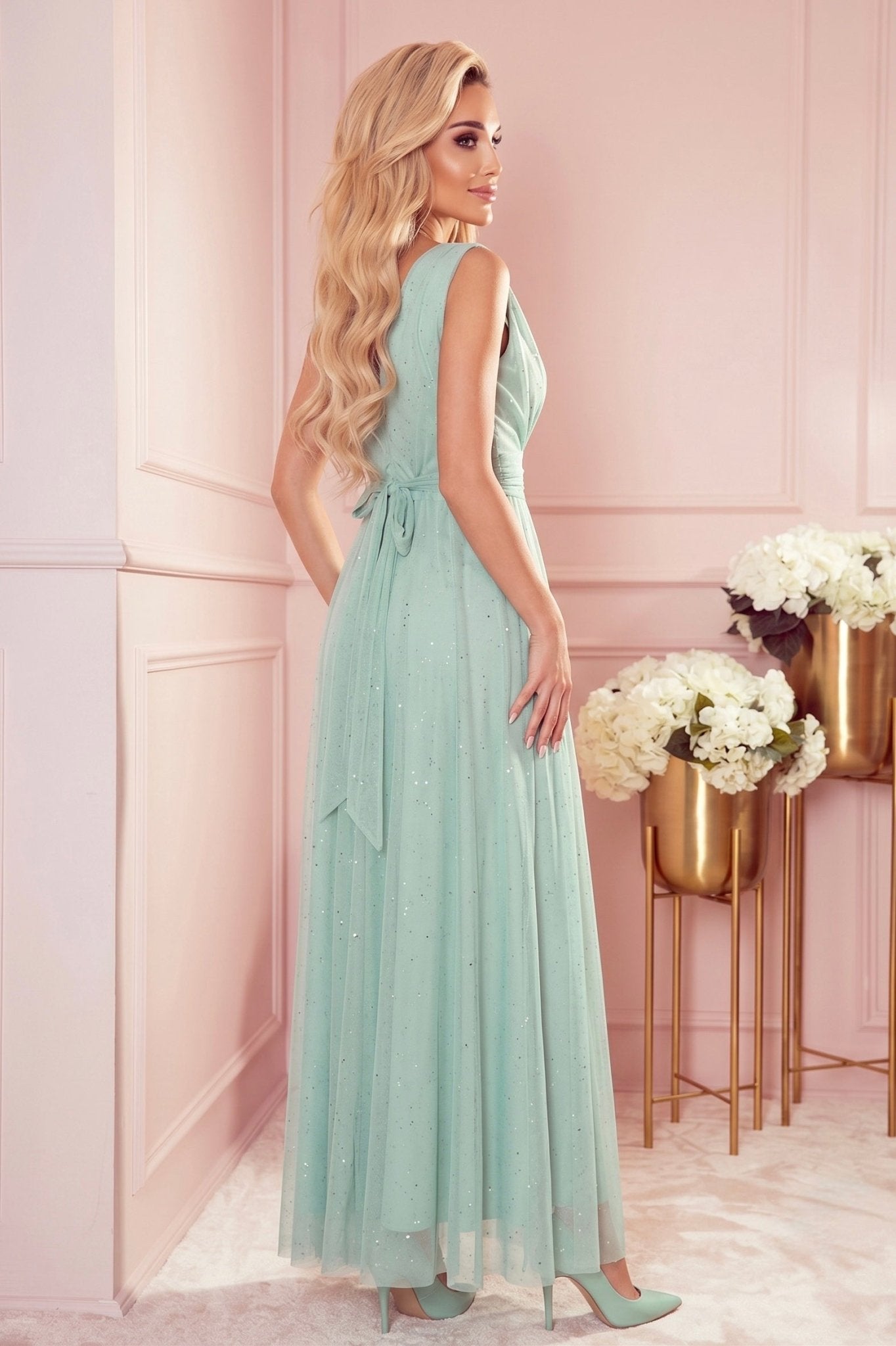 Robe Longue Pailletée avec Décolleté Profond – Pistache - Rosemode