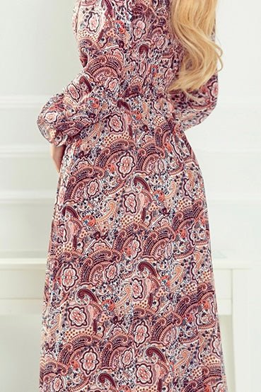 Robe Midi Plissée en Mousseline – Motif Boho Marron - Rosemode