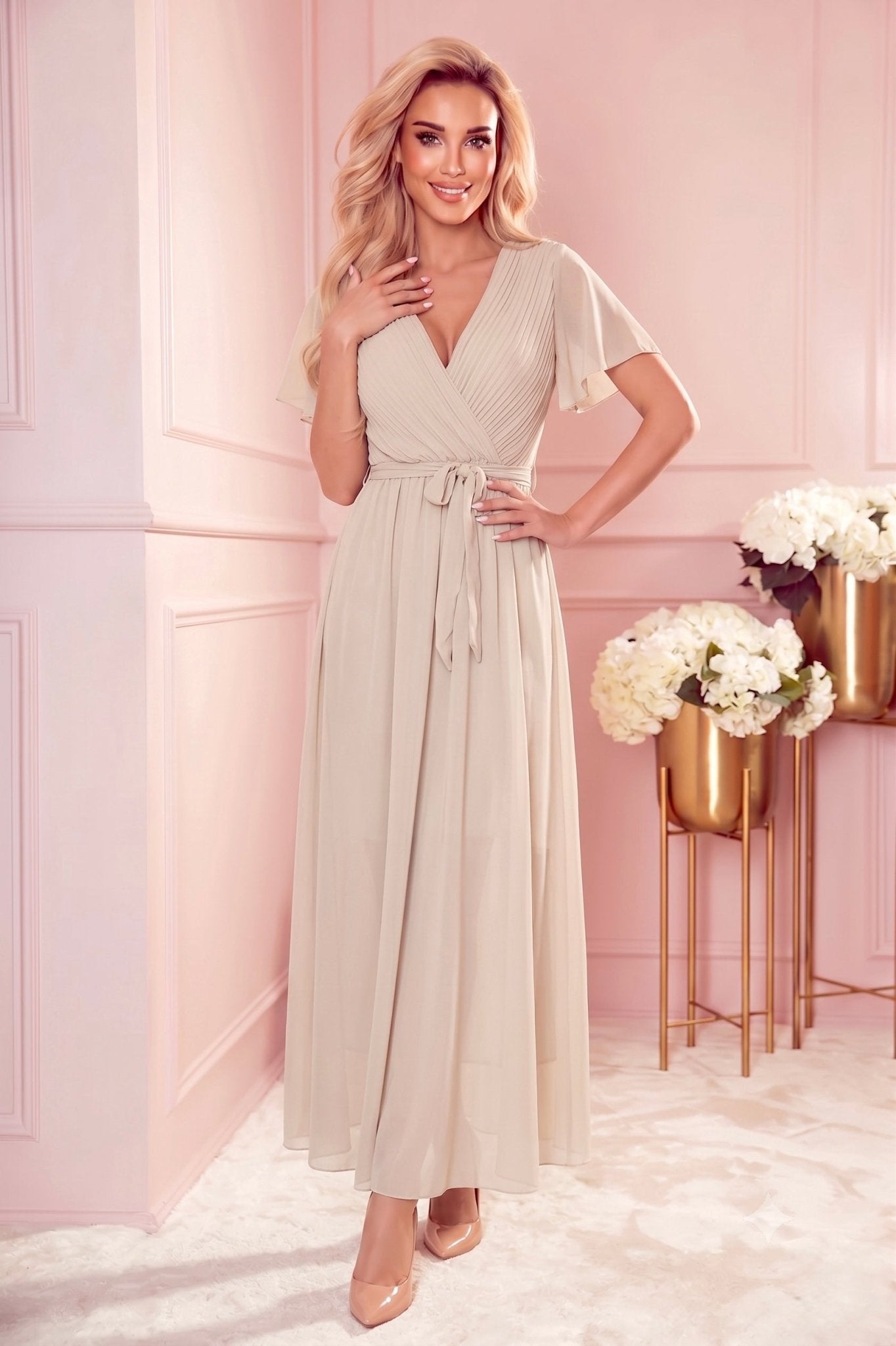 Robe Longue Plissée à Nouer – Beige - Rosemode