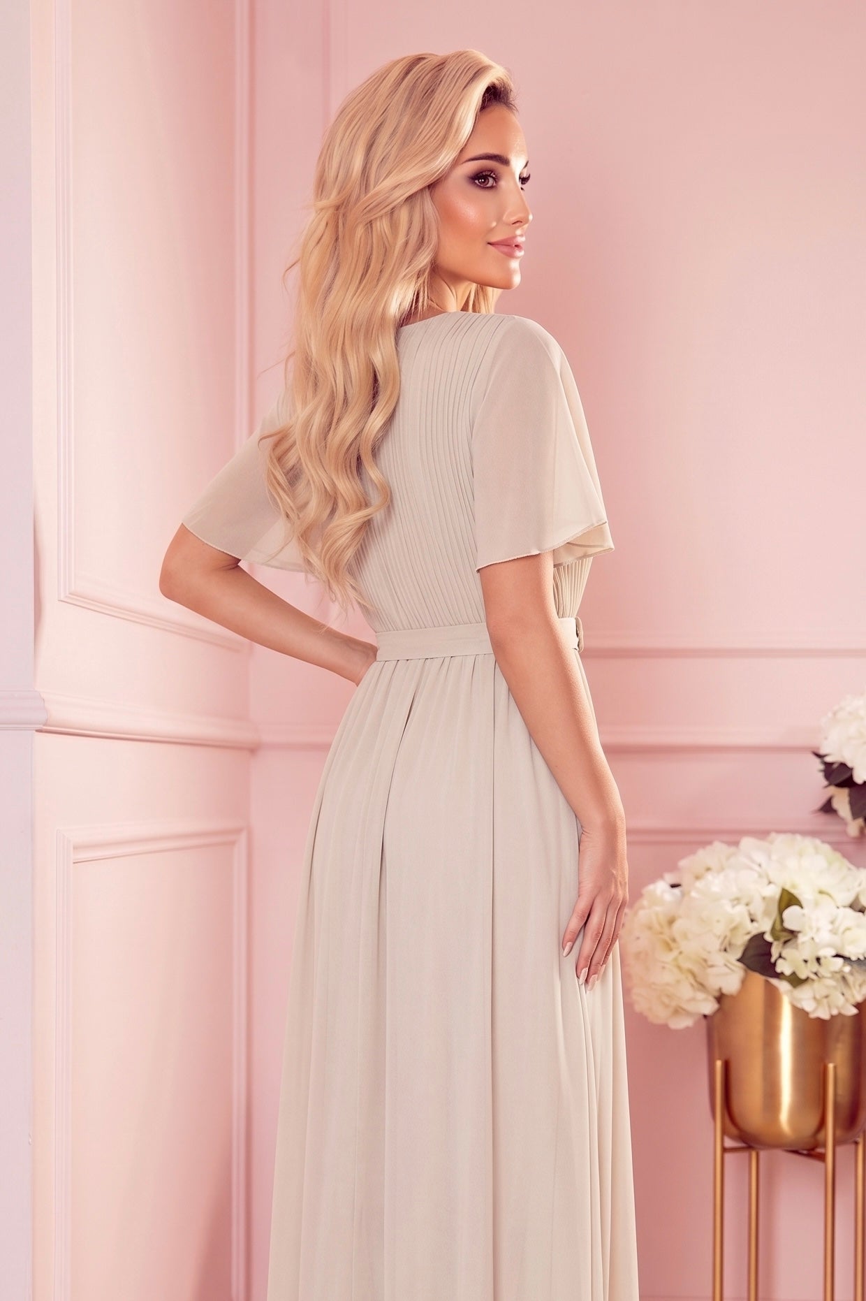 Robe Longue Plissée à Nouer – Beige - Rosemode