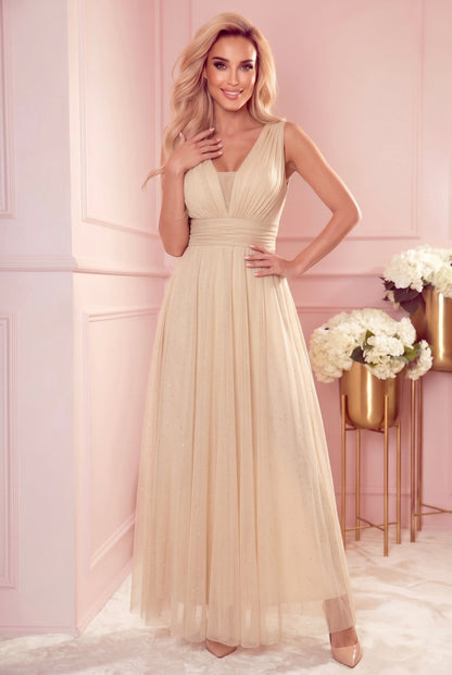 Robe Longue Pailletée avec Décolleté Profond – Beige - Rosemode