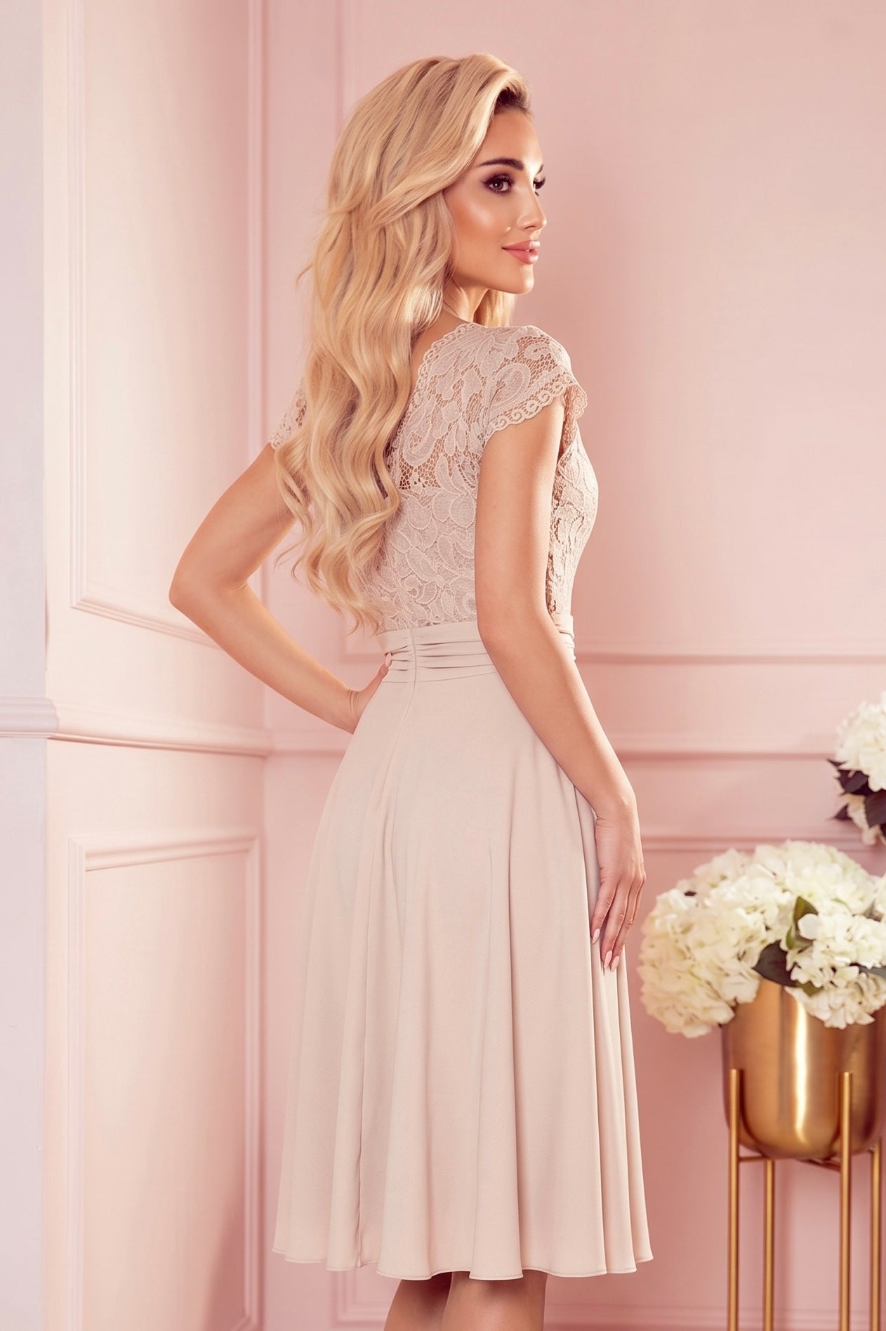 Robe en Dentelle et Mousseline – Beige - Rosemode