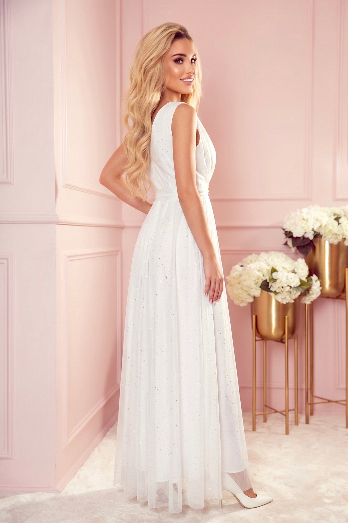 Robe Longue Pailletée avec Décolleté Profond – Blanc - Rosemode