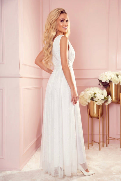 Robe Longue Pailletée avec Décolleté Profond – Blanc - Rosemode